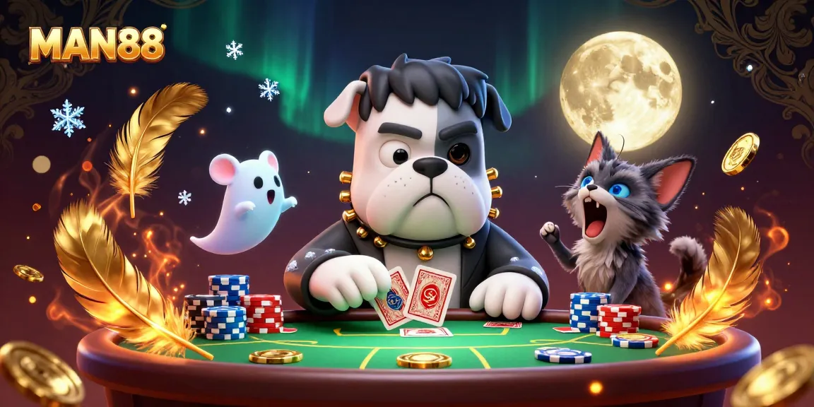MAN88 features a 3D cartoon Frankenstein bulldog dealing poker cards at a vibrant casino table.
