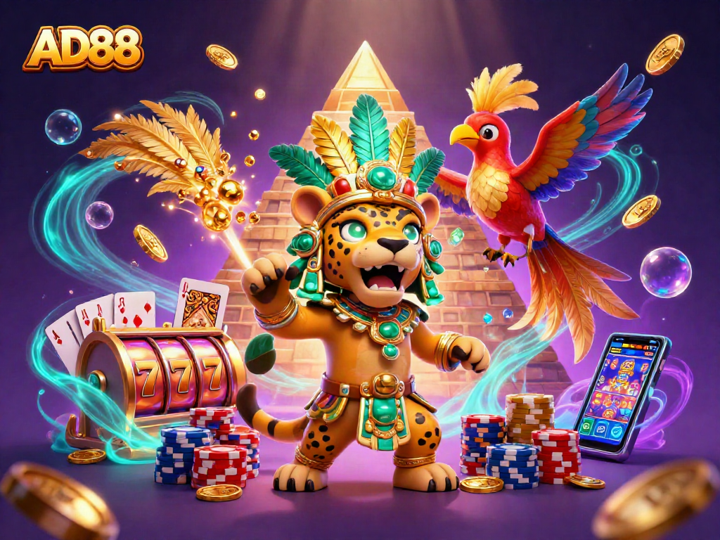 Experience high-stakes excitement with AD88's vibrant 3D casino scene featuring lucky slot reels.
