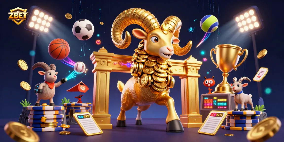 ZBET showcases a golden ram charging through a vibrant casino world, surrounded by sports elements and energetic lights.