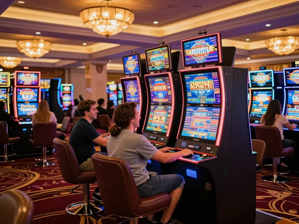 IWIN players enjoying colorful slot machines in a luxurious casino atmosphere, vibrant lights and engaging action.