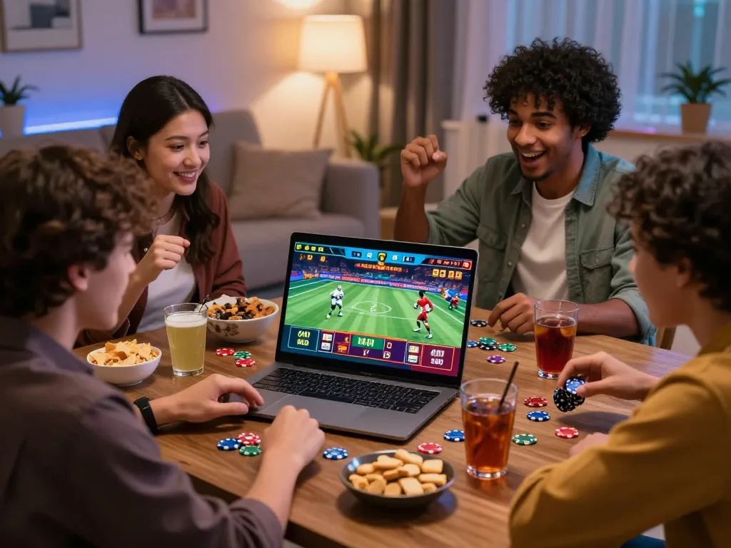 Cá cược Topbet with friends enjoying online betting in a cozy living room.