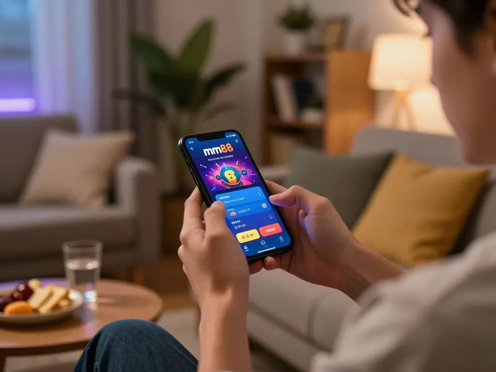 Engaging in strategic gameplay on the mm88 app in a cozy home setting, reflecting comfortable online gambling.