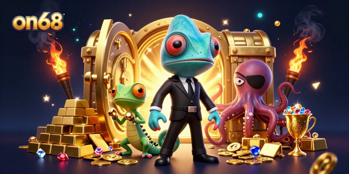 Bet and win with on68 at vibrant gaming scene featuring a chameleon, gecko, and octopus.