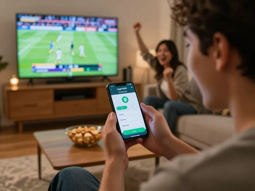 Engaging scene of a user utilizing Login Sky88 app for sports betting in a lively living room