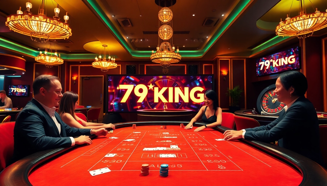 Players enjoying a game at 79KING's luxurious baccarat table with colorful chips and cards.