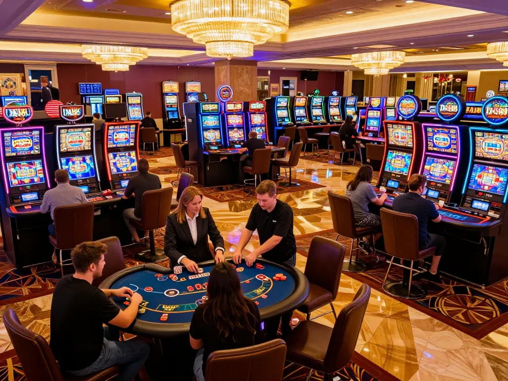 Players engaging at DA88 casino, vibrant scene filled with slot machines and poker tables.