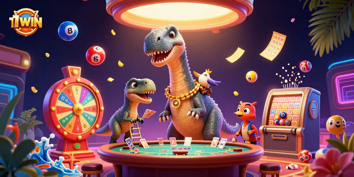 Engage with 11WIN's exciting casino theme as a giant brontosaurus interacts with colorful lottery elements.