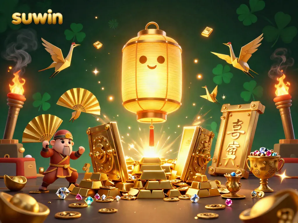 Experience suwin in this vibrant 3D casino scene filled with golden treasures and lucky symbols.