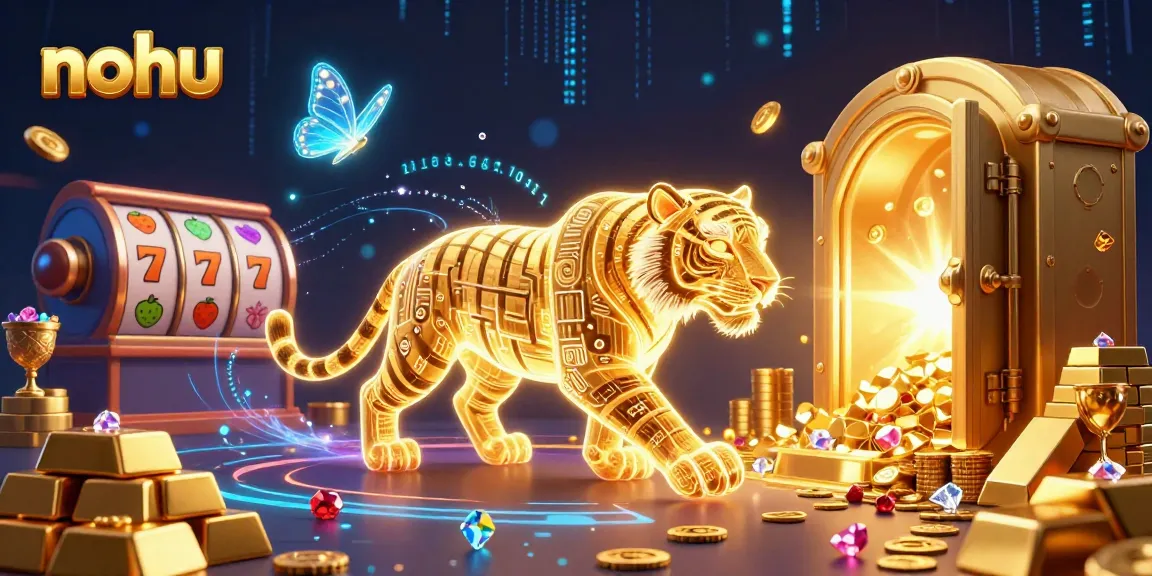 Experience excitement in the nohu casino scene with a neon-wireframe tiger amidst slot reels and treasures.