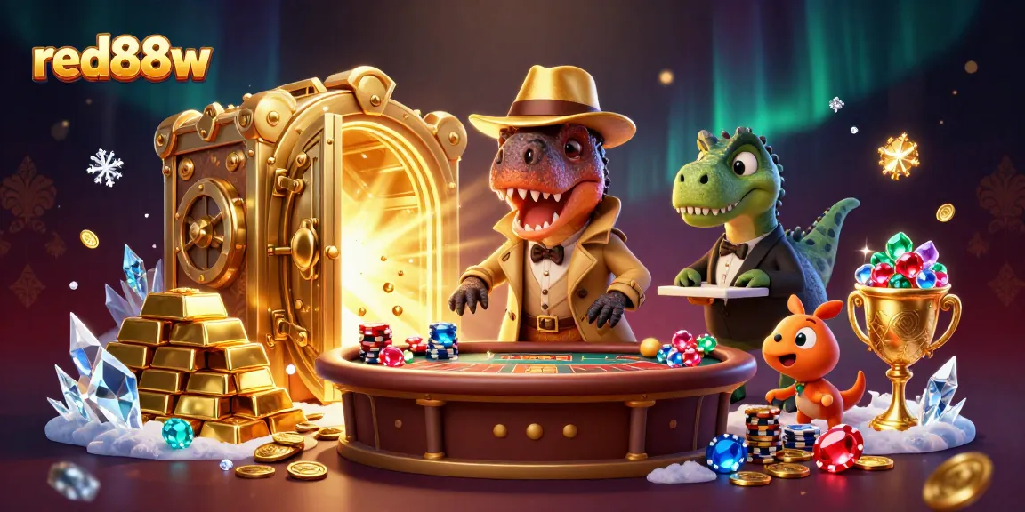 Red88w Table Action: A velociraptor card counter under observation at a playful casino scene.
