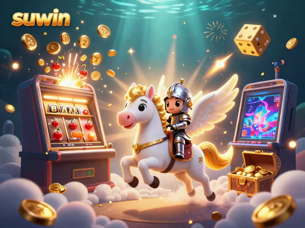 Experience suwin's thrilling gaming adventure with a celestial horse, armored knight, and jackpot explosion.