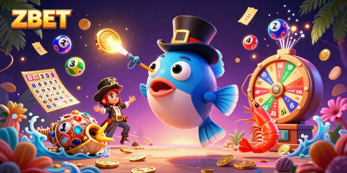 ZBET engaging with a 3D anglerfish, pirate shrimp, and gemstone snail in a vibrant casino scene