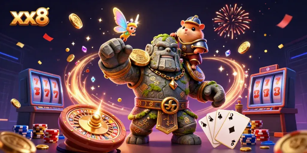 Experience the excitement of xx8 with a magical scene featuring a golem guardian, fairy, and hamster knight surrounded by casino elements.