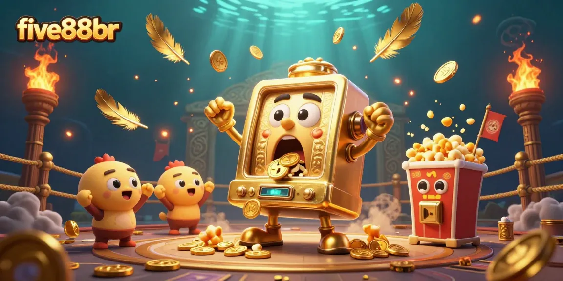 Experience the excitement at five88br as a golden slot machine wins big, surrounded by cheering machines.