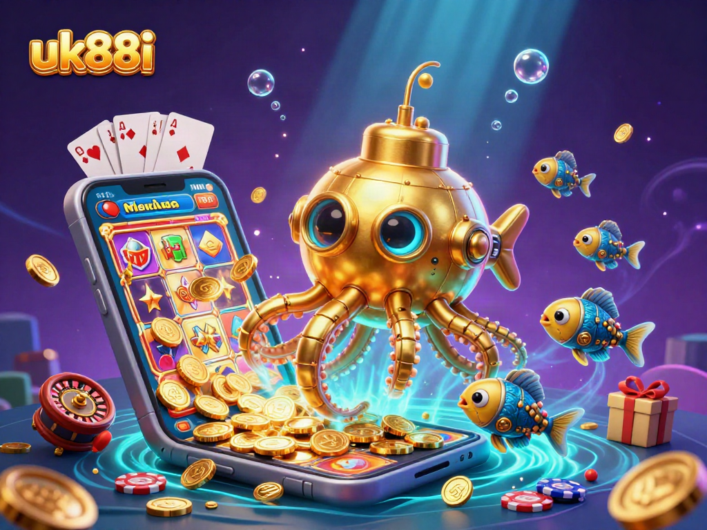 Engage with the thrilling gameplay of uk88i as the golden kraken submarine emerges from a sea of coins surrounded by casino elements.