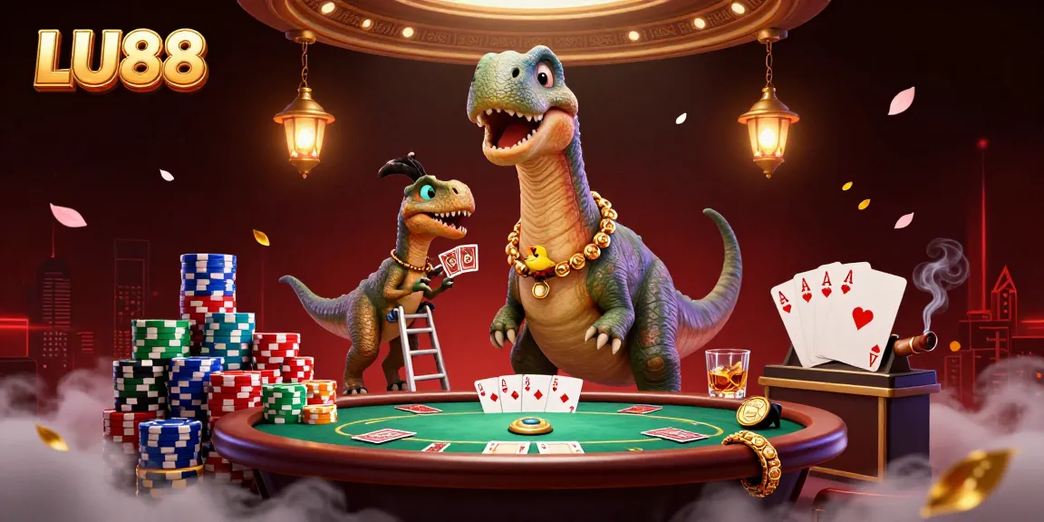 Experience LU88 dynamic poker action with a playful brontosaurus and dealing raptor in a vibrant casino scene.