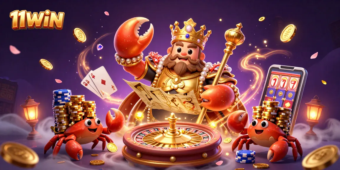 Experience thrilling wins with 11WIN's vibrant casino-themed illustration showcasing a golden crab emperor and treasure elements.