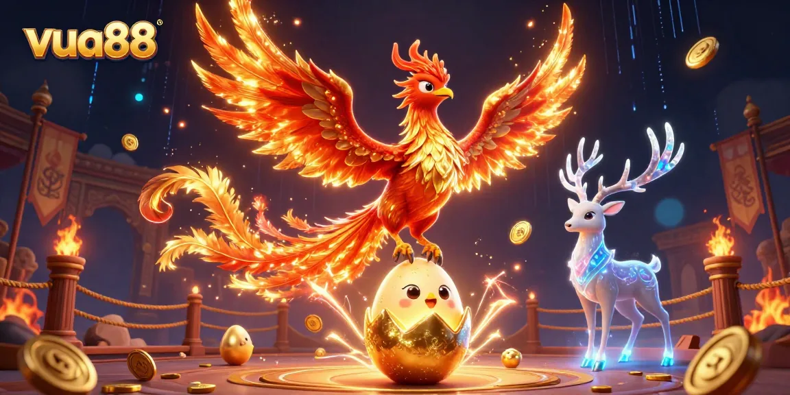 Immerse in the vibrant action of vua88 with a legendary phoenix duo amidst dazzling casino elements.