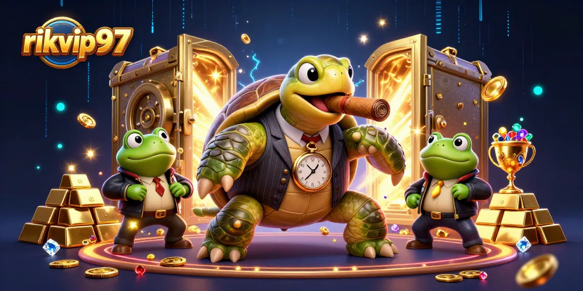 rikvip97 showcases a vibrant casino scene with a mobster turtle and bullfrog enforcers amidst golden treasures.