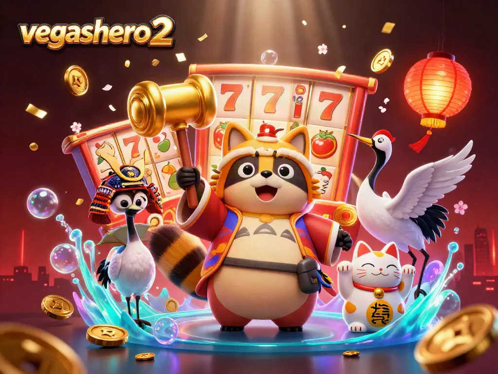 Experience the excitement of vegashero 2 with vibrant gaming elements in an engaging 3D illustration.