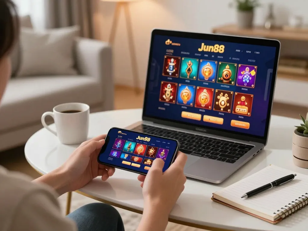 Engaging in mobile gaming with Jun88 đăng nhập, immersed in a vibrant casino app experience.