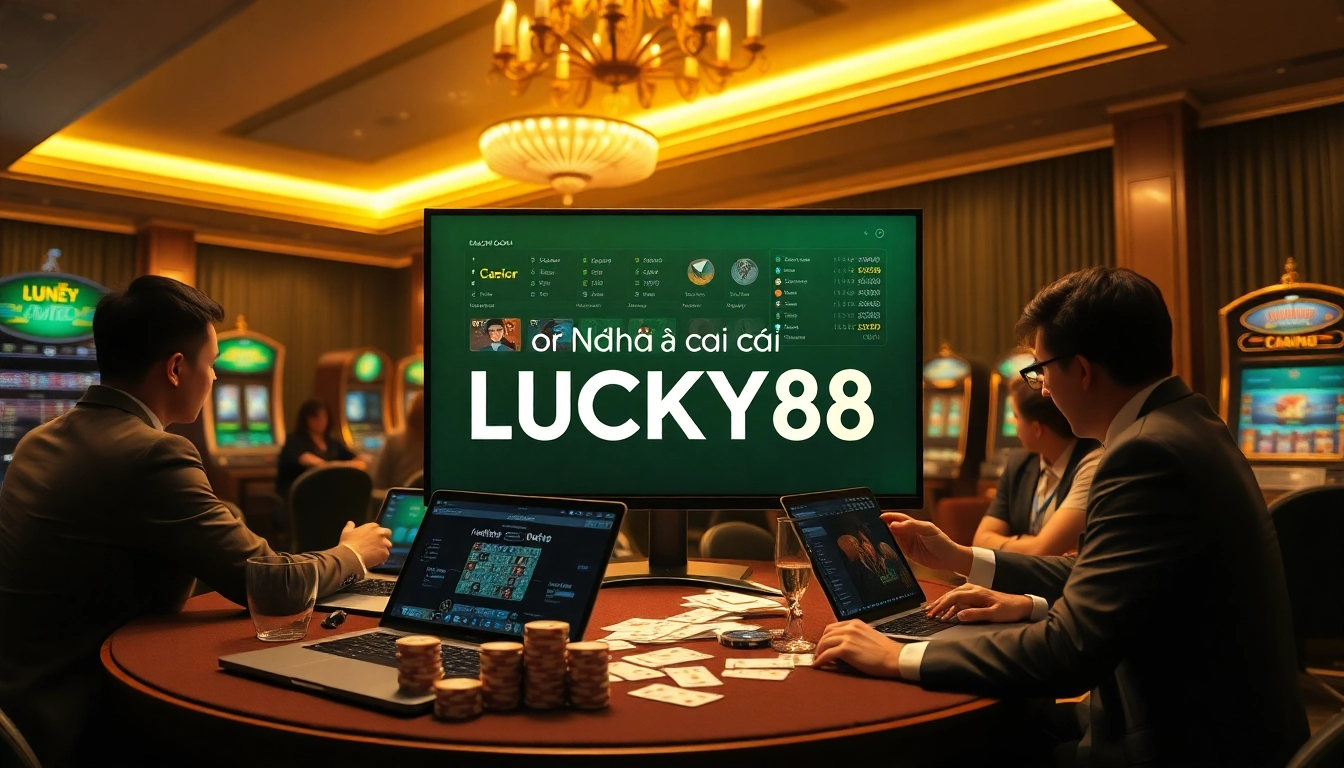 Engaging scene of gamblers enjoying Nhà cái LUCKY88 at luxury casino tables and online platforms.