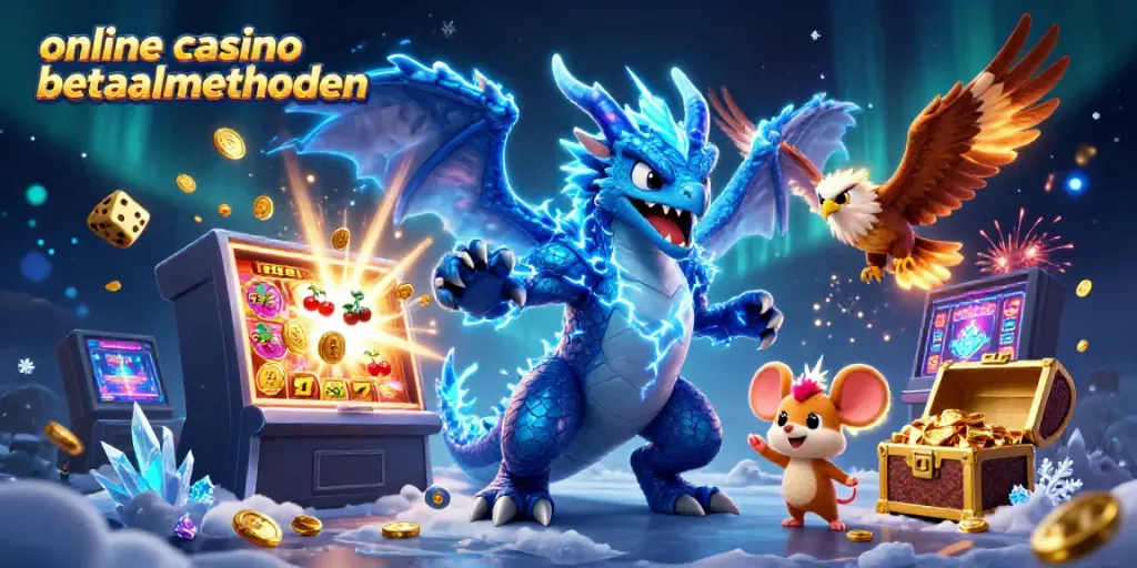 Unleash your luck with diverse online casino betaalmethoden featuring stunning visuals of a thunder dragon, slot machines, and golden treasures.