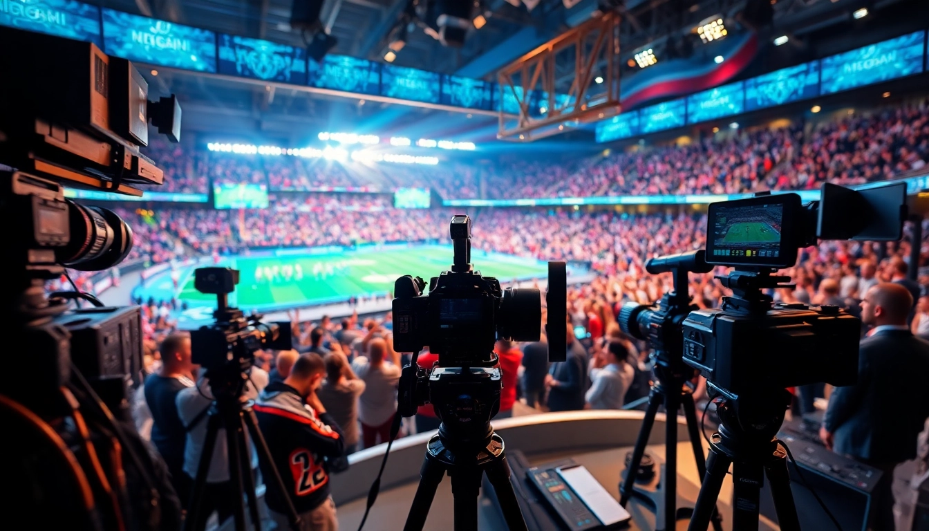 Engaging sports broadcasting studio showcasing live sports events and broadcasting equipment.