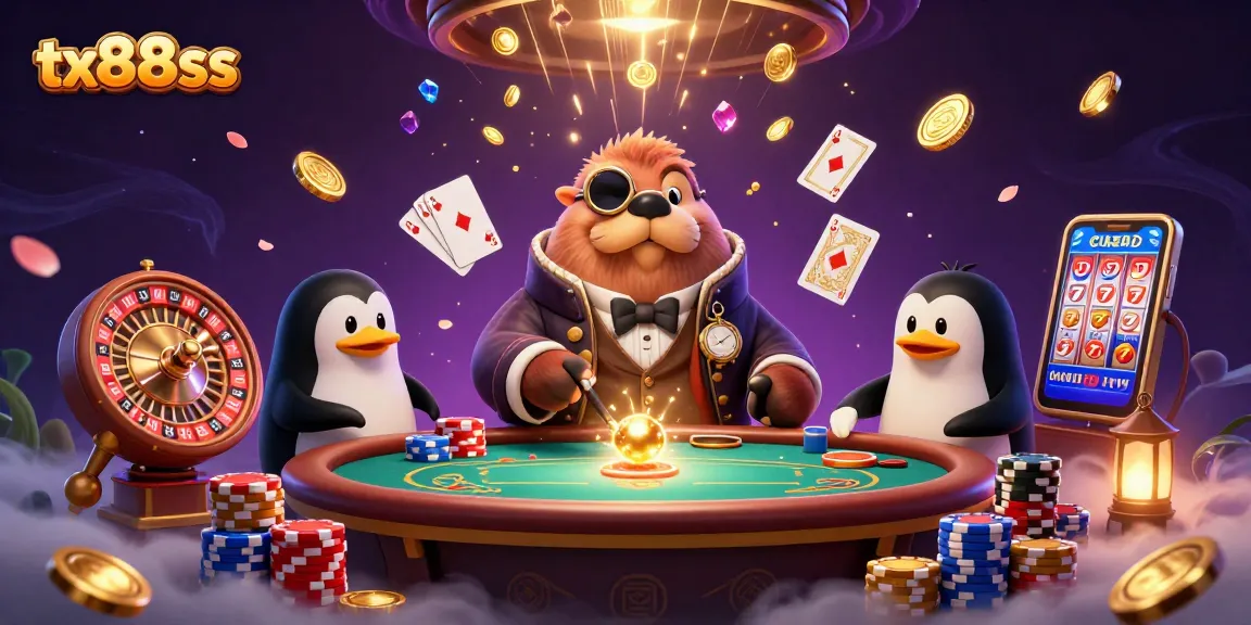 Engage in thrilling gameplay at tx88ss, featuring a jolly walrus at a poker table while coins cascade around.