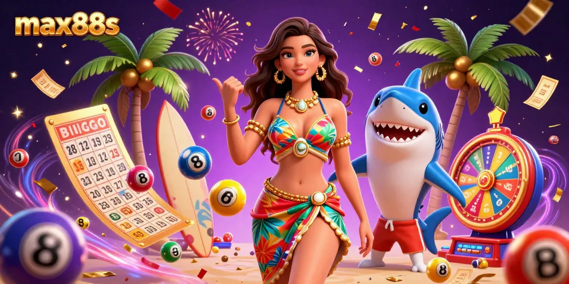Experience the thrill of max88s with vibrant lottery balls and a lively beach scene filled with excitement.