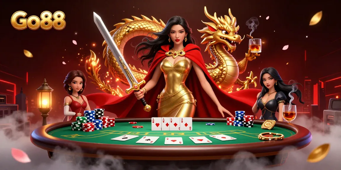 Experience thrilling poker action at Go88 with a stunning illustration featuring a warrior queen and a golden dragon amidst vibrant casino elements.