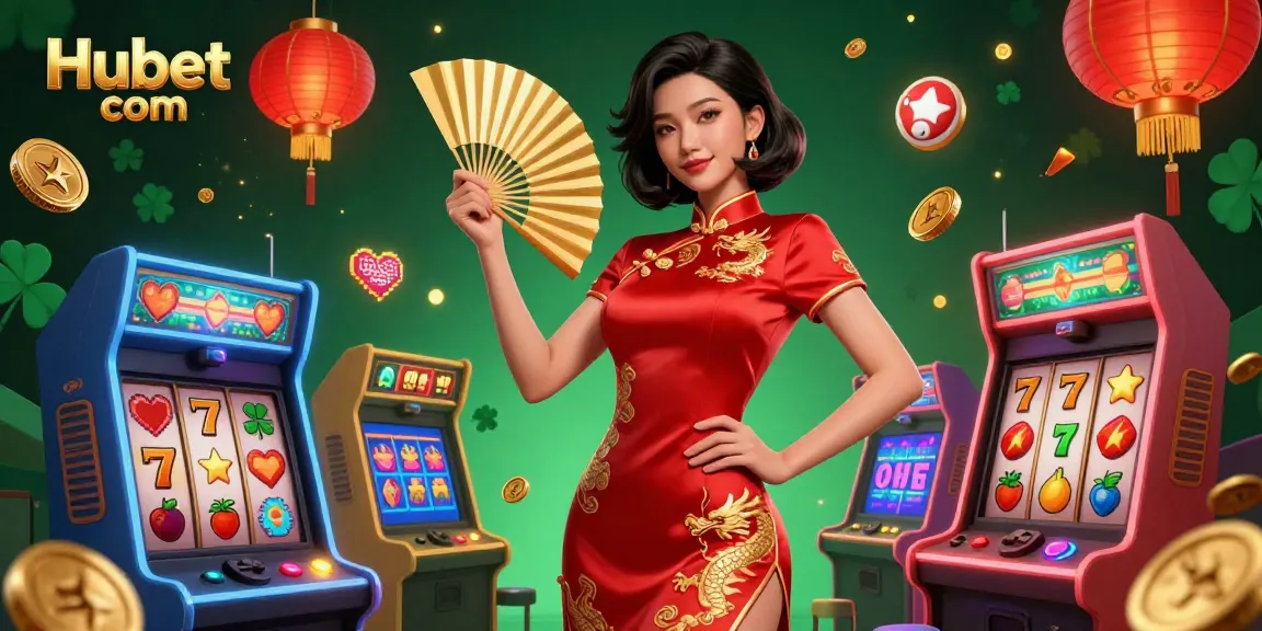 Experience the thrill at Hubet com with a stunning illustration of casino elements, including vibrant slot games and gold coins.