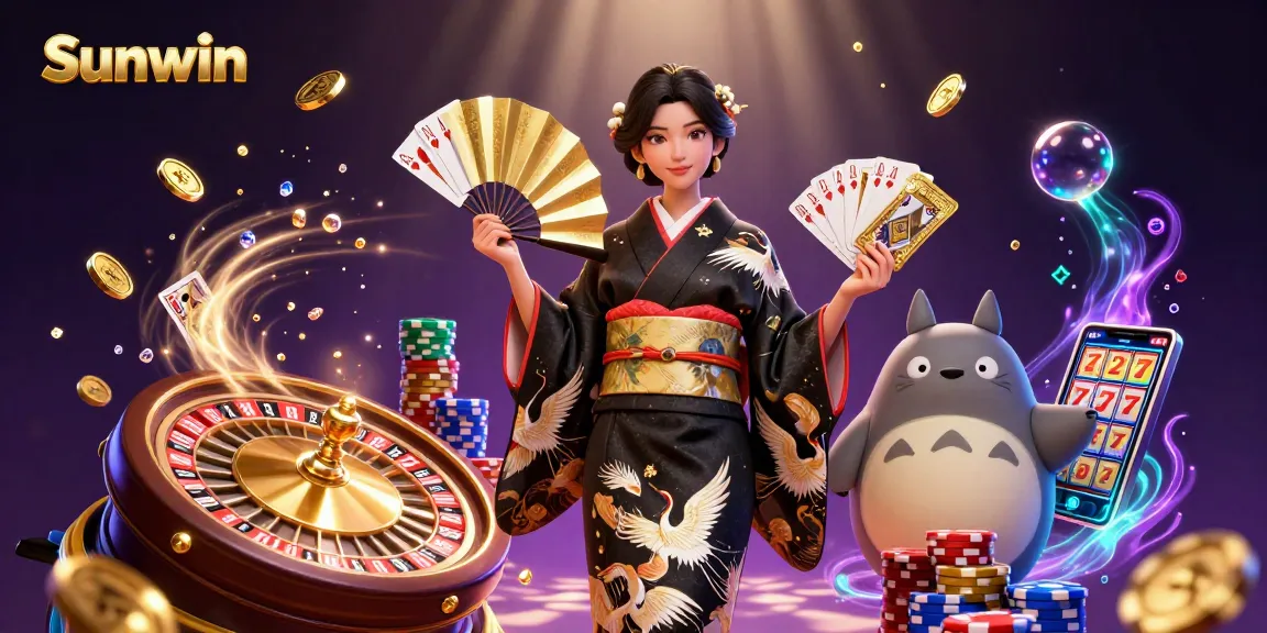 Experience the excitement of gambling with Sunwin, featuring a vibrant casino scene with elegant characters and dynamic game elements.