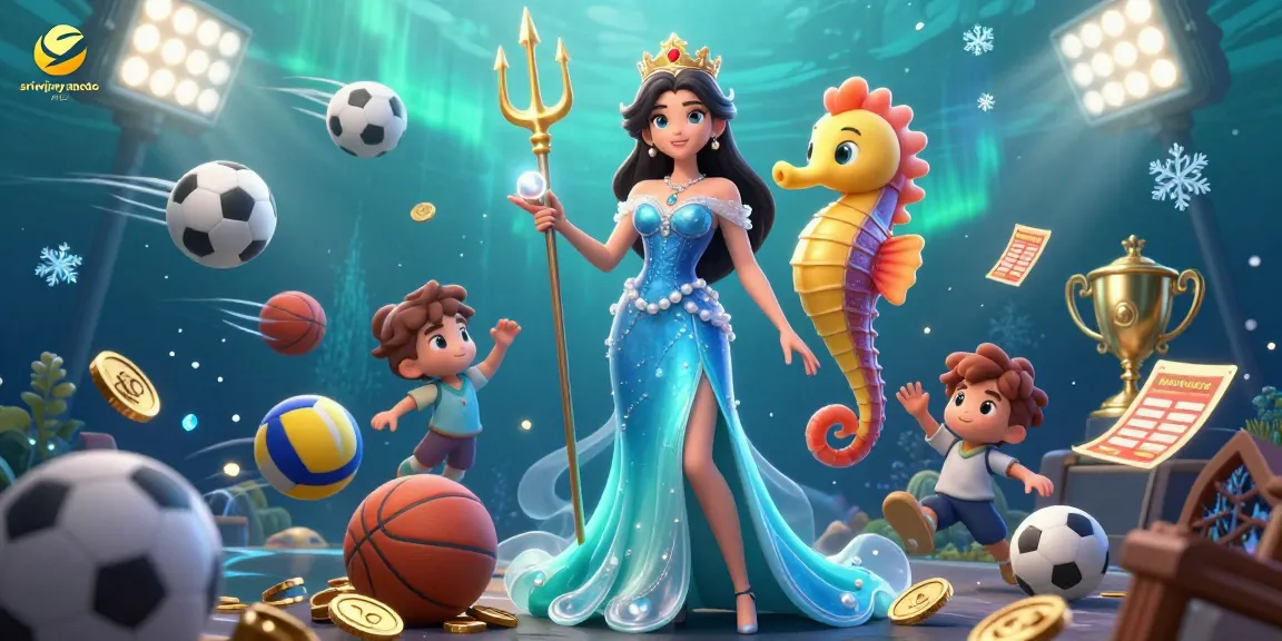 Sriwijayatoto situs showcases a vibrant underwater casino scene with a glowing pearl, sports elements, and dynamic action.