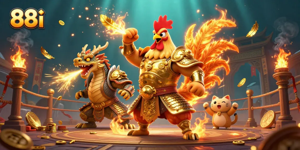 88i showcases a dynamic online casino scene featuring a fighting rooster warrior, dragon, and cheerful cat mascot.
