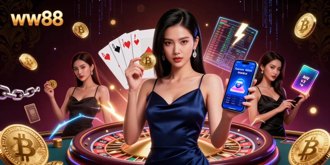 Experience the excitement of ww88 with a stunning illustration of a confident woman holding a casino app and golden chips.