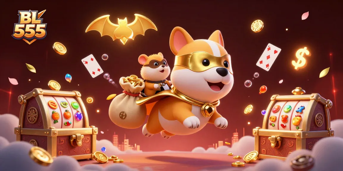 Engage with BL 555's thrilling gaming experience featuring a superhero dog amidst vibrant slot game elements.