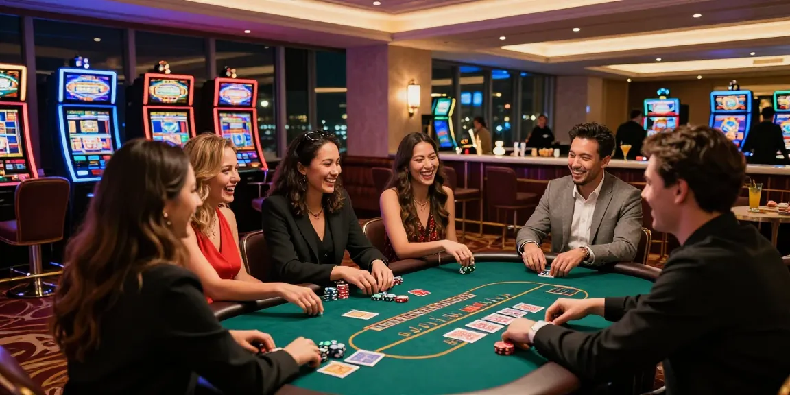 Engaging casino scene showcasing friends at TRANG CHỦ MMOO poker table with vibrant lighting and excitement.