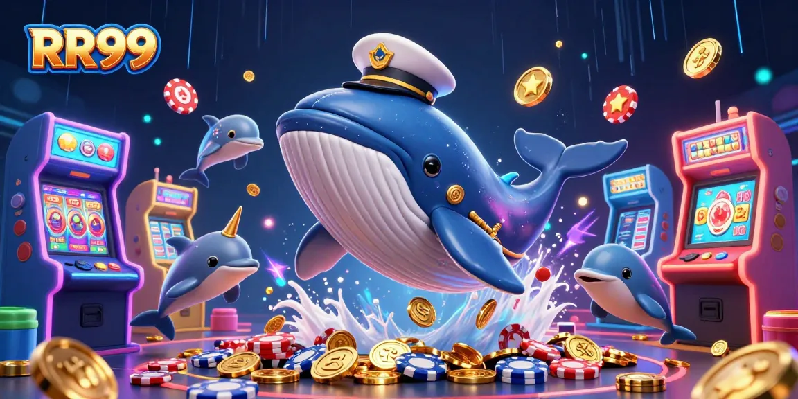 RR99 brings excitement as a cartoon whale and dolphins play with gold coins and poker chips in a vibrant casino.
