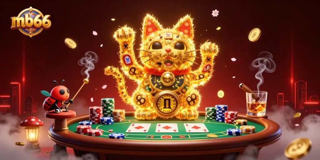 Experience thrilling luck with mb66's vibrant casino adventure featuring slot machines and a lucky cat!