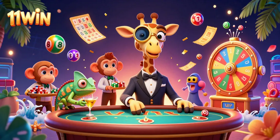 Experience the excitement of 11WIN with a vibrant casino scene featuring dynamic characters and game elements.