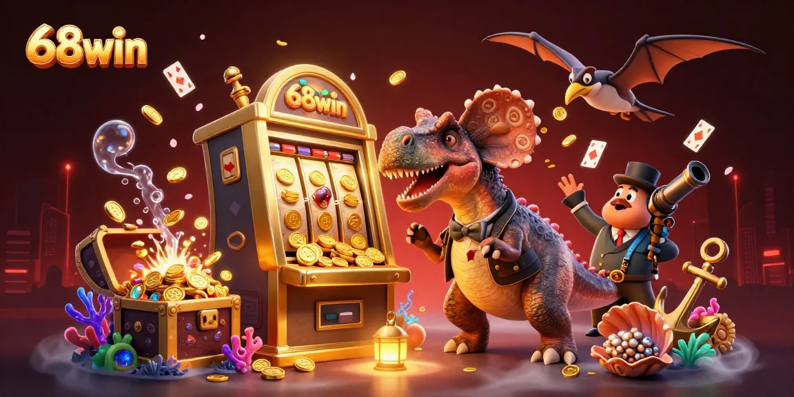 68win promotes excitement with cartoon pachycephalosaurus celebrating a jackpot win.
