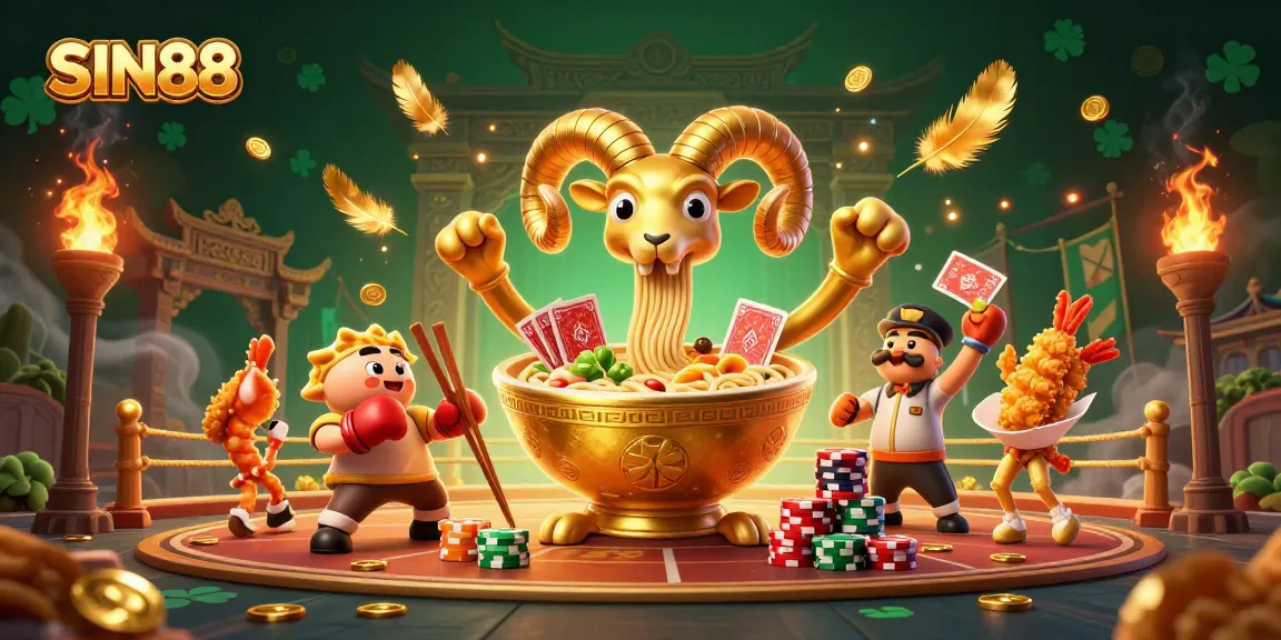 SIN88 features a vibrant 3D scene with a golden ramen bowl and sushi dealer amidst a dynamic casino backdrop.