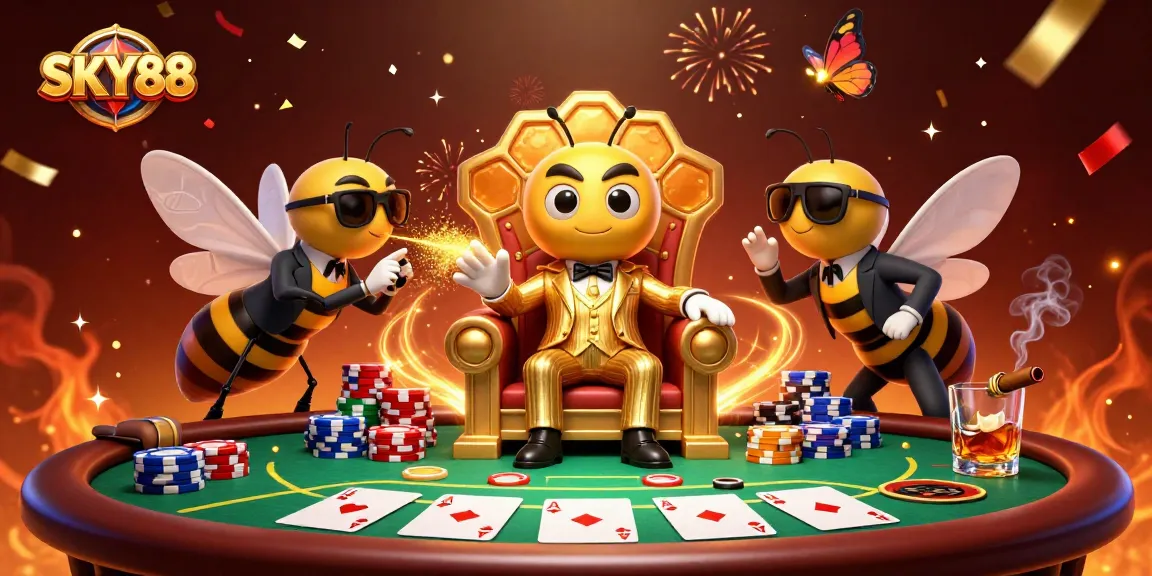 Immerse in the thrilling SKY88 casino scene with a bumblebee mob boss and poker action.