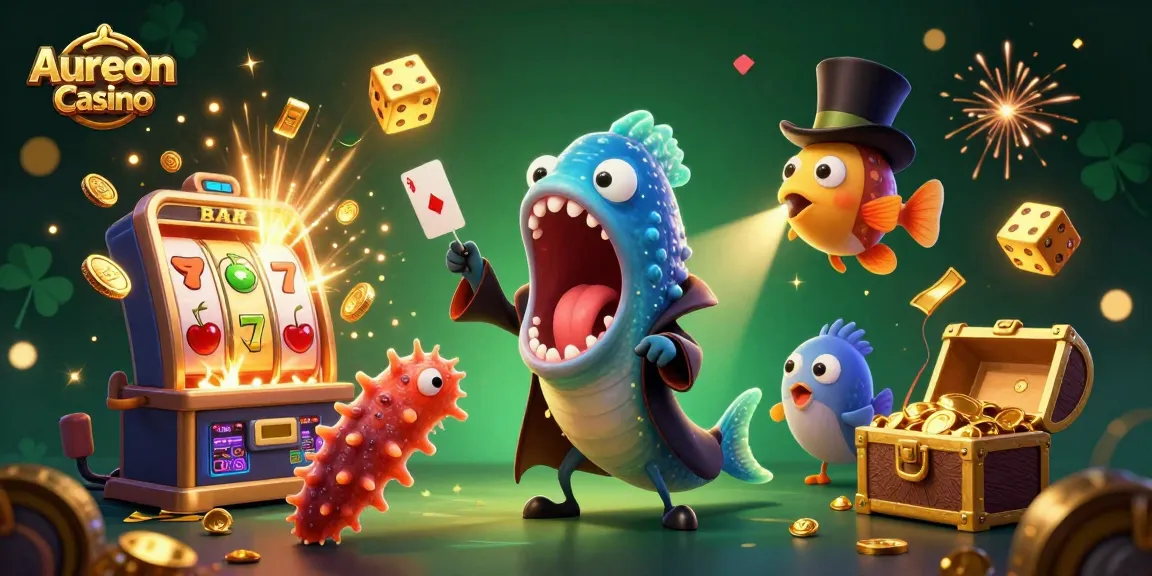Aureon Casino showcases a magical undersea gambling scene including a gulper eel magician and vibrant slot elements.