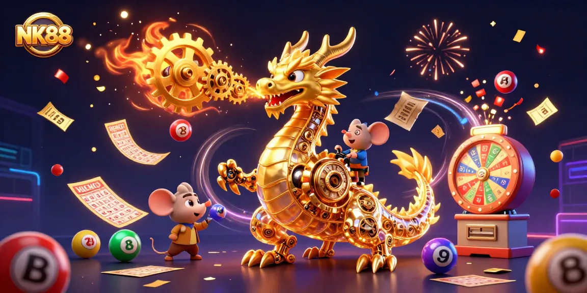 Engage in thrilling games at NK88, featuring vibrant animated elements and a captivating golden dragon.