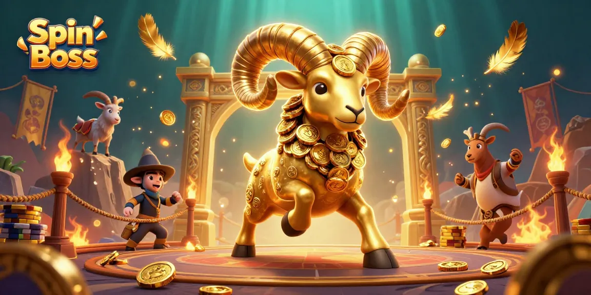 Spin Boss dynamics in an immersive 3D casino scene with golden ram and game elements.